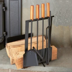 Garrett Wade 5-Piece Wood Black Fireplace Rack and Tools Set
