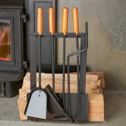 Garrett Wade 5-Piece Wood Black Fireplace Rack and Tools Set